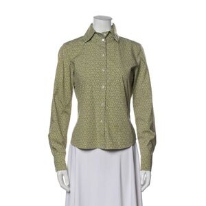Tory Burch logo green collared long sleeve button down stretchy shirt Size S
